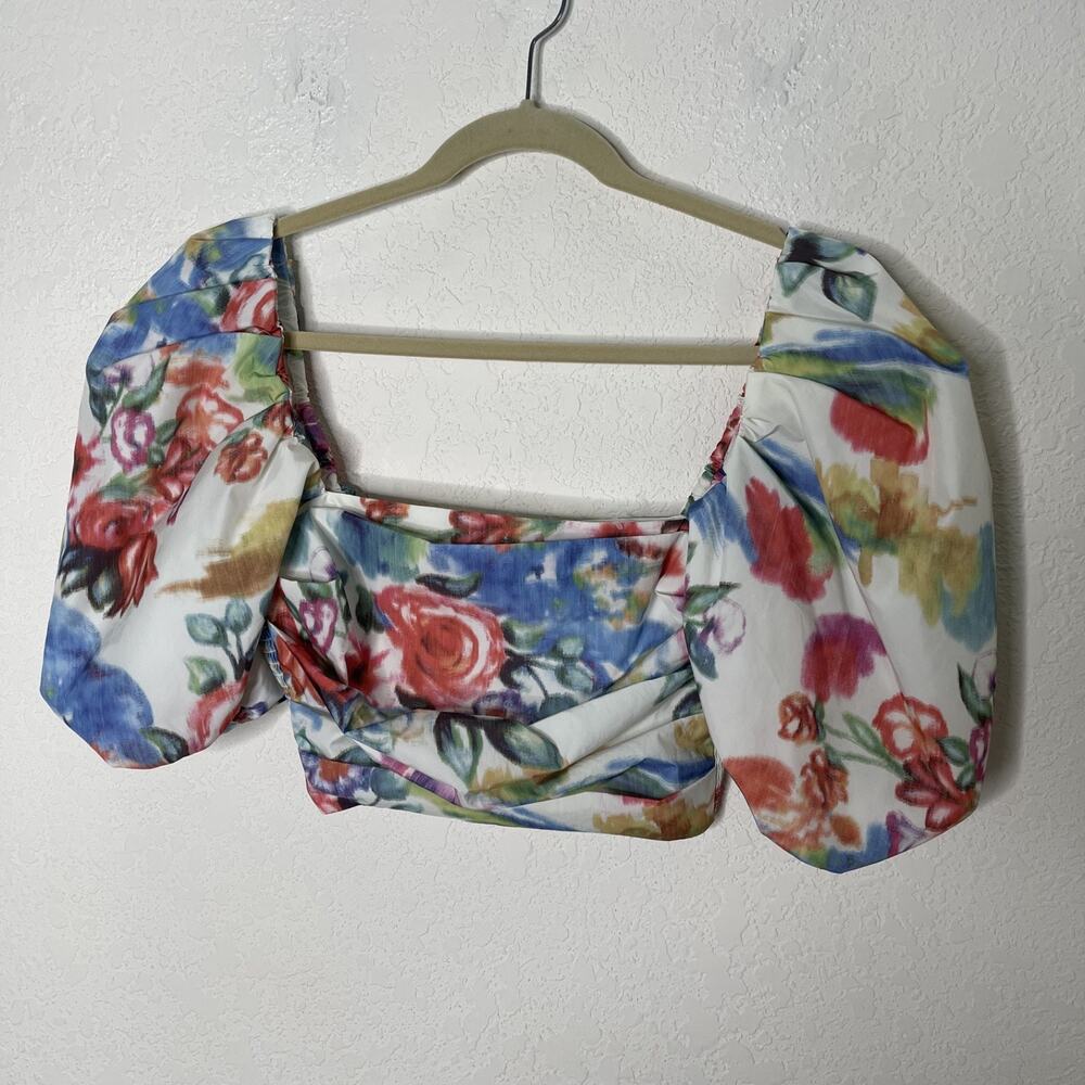 Amanda Uprichard Floral Puff Sleeve Crop Top Size S Smocked Back Square Neck